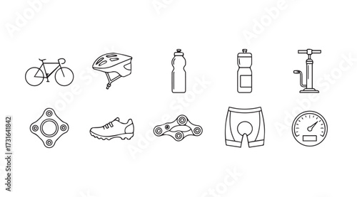 Collection of hand drawn bicycle equipment icons in silhouette style