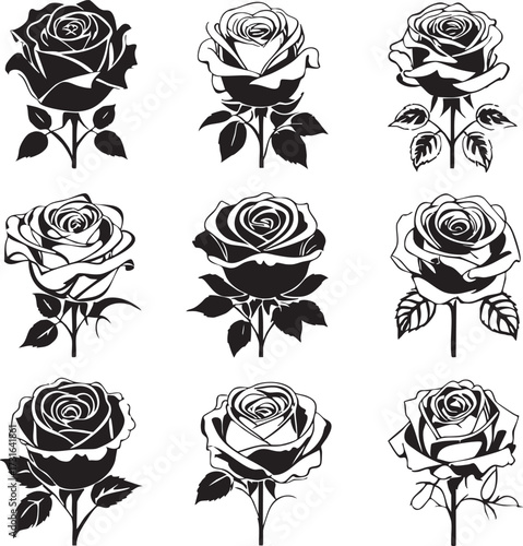 Black and White Rose Vector Set