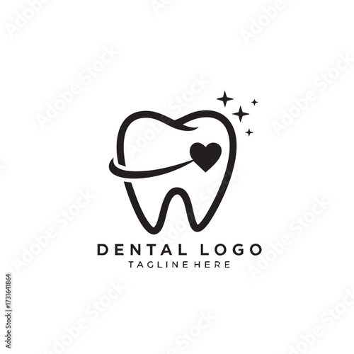 A modern and clean dental logo design featuring a stylized tooth with an integrated heart and subtle sparkle, symbolizing care and healthy oral hygiene.