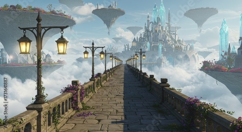 Stone bridge leading to fantasy castle in the clouds with floating islands and lampposts illustration