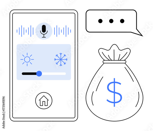 Smartphone interface with voice control, sun, snow icons for temperature settings, money bag representing cost-efficiency. Ideal for home automation, tech, convenience, savings, sustainability