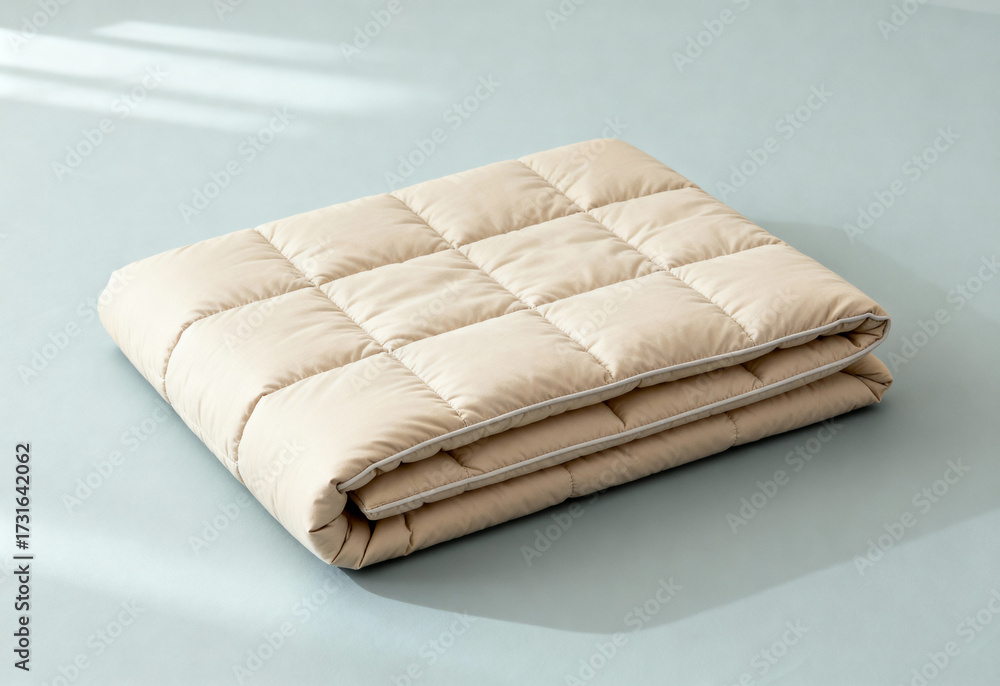 Fototapeta premium Soft beige quilted blanket neatly folded on a light surface, minimalist bedding design for modern home comfort and bedroom decor