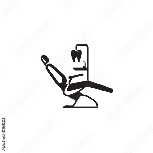 A graphic black silhouette icon of a contemporary dental chair paired with a stylized tooth, effectively symbolizing professional oral health care and dentistry.