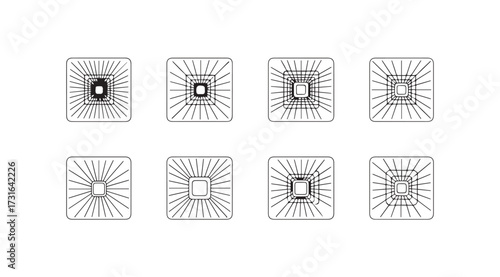 Collection of eight different stadium architectural drawings in a silhouette style