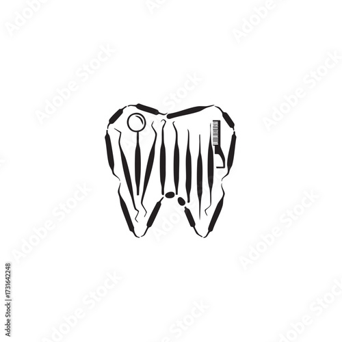An artistic black and white vector image portrays a human molar intricately formed by numerous dental tools, symbolizing the precision and expertise of modern dentistry.