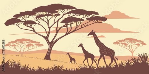 A vector wildlife poster of a small group of giraffes grazing in a golden savannah during sunset. Include tall acacia trees, long shadows, warm orange and pink sky, minimal other wildlife or elements,