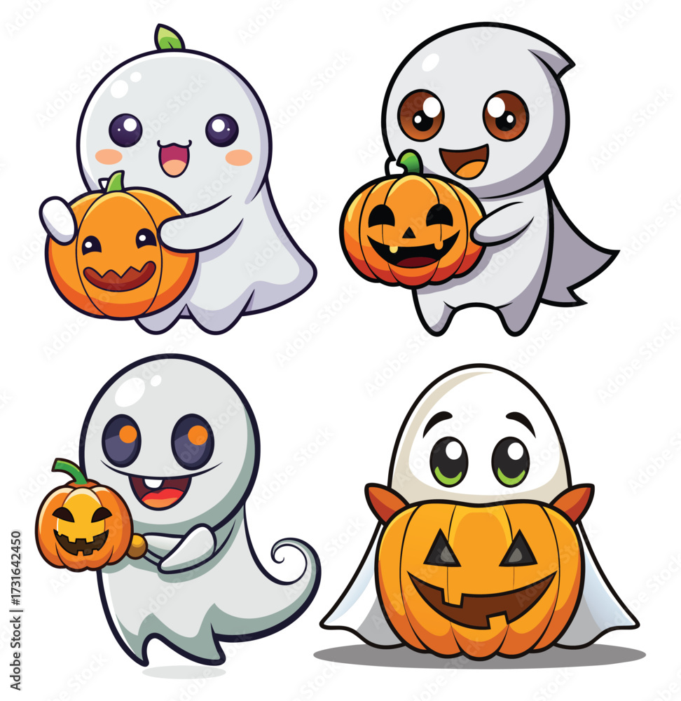 Fototapeta premium Cute cartoon ghosts and halloween characters for spooky season designs