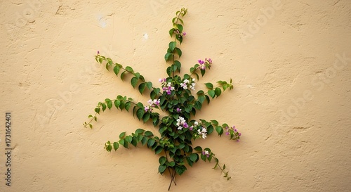 Climbing plant with green leaves and purple flowers on wall