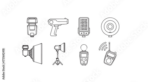 Collection of photographic lighting equipment in a clean silhouette style