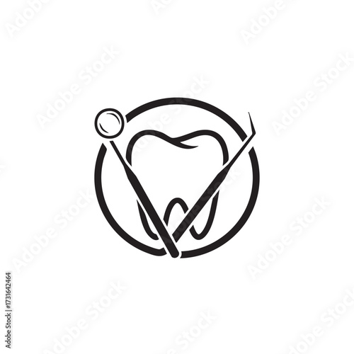A clean, stylized graphic depicting a healthy tooth surrounded by essential dental instruments within a circular emblem, representing professional oral health and care.