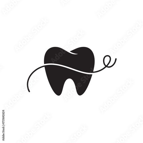 A minimalist black silhouette of a healthy tooth, elegantly adorned with a flowing line, symbolizing professional dental care and effective oral hygiene.