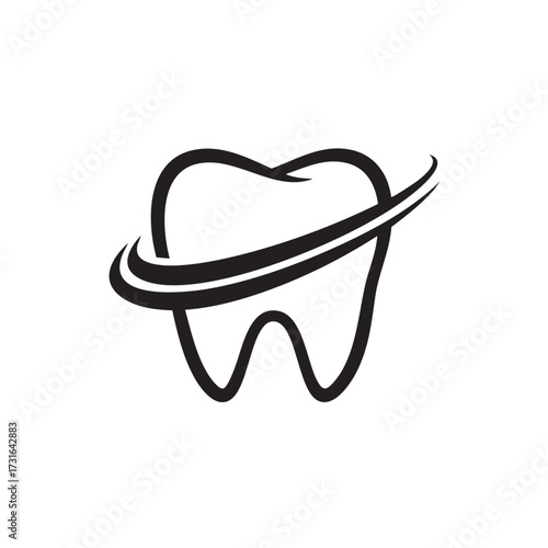 This striking black and white vector illustration presents a healthy human tooth elegantly encircled by a dynamic swirling line, representing comprehensive dental care and oral health.
