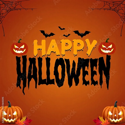 Spooky happy halloween greeting with jack o lanterns and bats on orange background