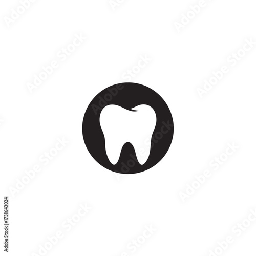 A clean, minimalist white tooth icon set against a solid black circular background, symbolizing dental health, hygiene, and professional oral care services.