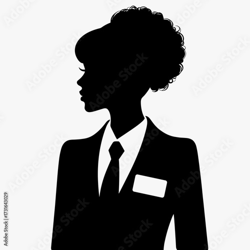Silhouette of a black female employee wearing a business suit with a badge on a simple white background