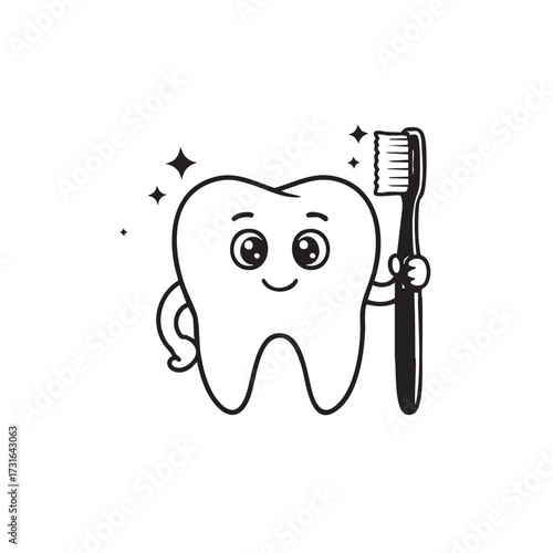 A cheerful cartoon tooth character with sparkling eyes proudly holds a toothbrush, promoting excellent oral hygiene and healthy dental care practices.