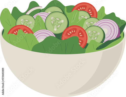 Fresh vegetable salad in cream bowl with leafy greens, sliced cucumbers, tomato wedges, red onion rings, colorful nutritious meal, healthy vector illustration