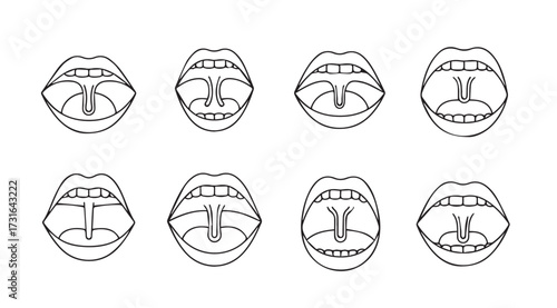 Collection of eight open mouths with tongues sticking out in a minimalist line art silhouette