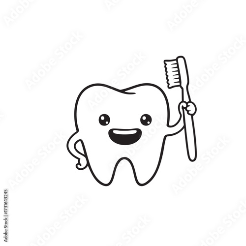 A delightful cartoon tooth character happily presents a toothbrush, symbolizing excellent oral hygiene, preventative dental care, and a healthy smile.