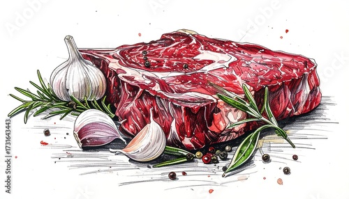 A detailed illustration of a raw, marbled steak with rosemary, garlic, and peppercorns, artfully rendered with bold lines and vibrant colors