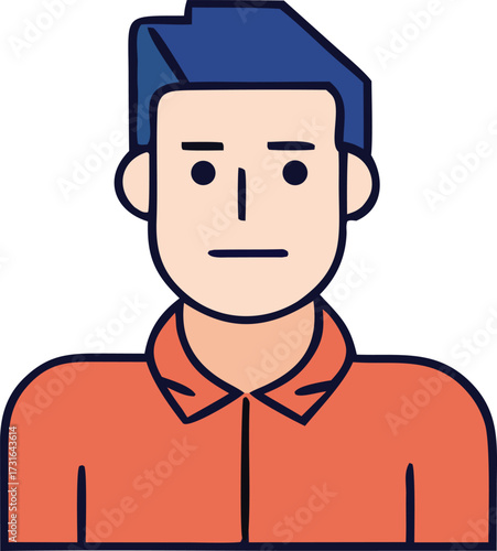 Modern flat design avatar of a young man with short dark hair and an orange polo shirt neutral expression