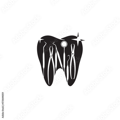 A striking black and white graphic featuring a stylized tooth silhouette filled with essential dental instruments, symbolizing professional oral hygiene and care.