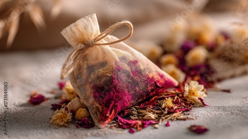 Magenta herbal bath tea pouch vibrant and natural for wellness marketing