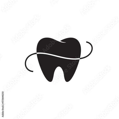 A modern, minimalist black tooth icon featuring a graceful curved line, effectively symbolizing superior dental health, oral hygiene, and professional care.