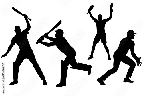 Dynamic silhouettes of cricket players in action batting bowling and fielding on a white background