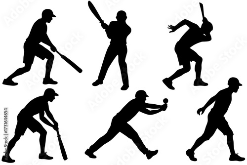 Collection of black silhouettes of baseball players in various action poses on a white background