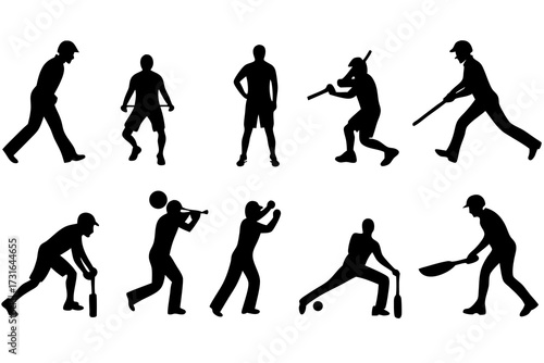 Collection of black silhouettes of male athletes playing baseball in various action poses on a white background