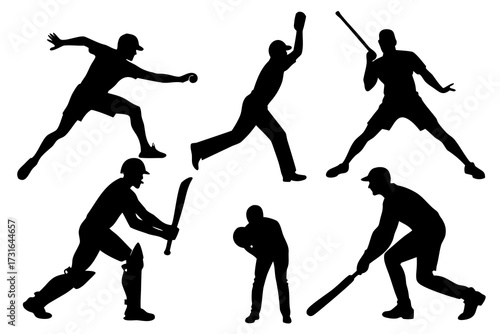Collection of black silhouettes depicting various cricket players in action poses on a white background