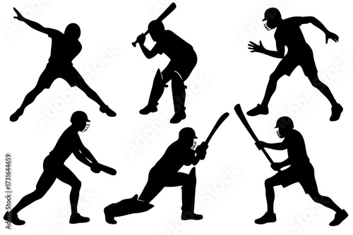 Collection of black silhouettes of cricket players in various poses batting bowling and fielding on a white background
