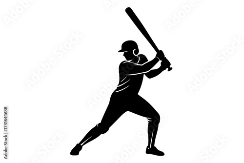 Dynamic silhouette of a baseball player in batting stance ready to swing the bat with a clean white background