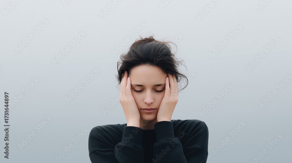 Fototapeta premium Young woman with dark hair is holding her head in a contemplative pose against a soft gray background, expressing emotions of stress and introspection in a serene atmosphere