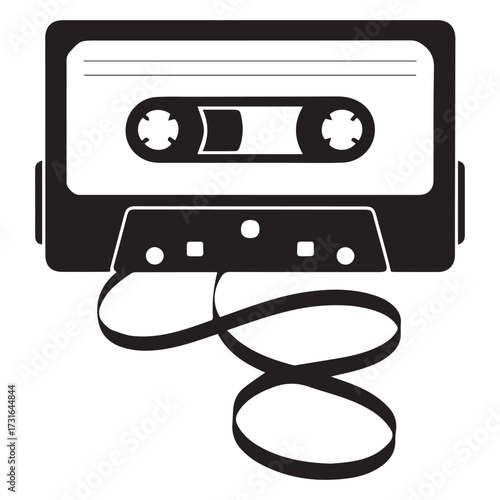 Black and White Cassette Tape Illustration with Unspooled Ribbon