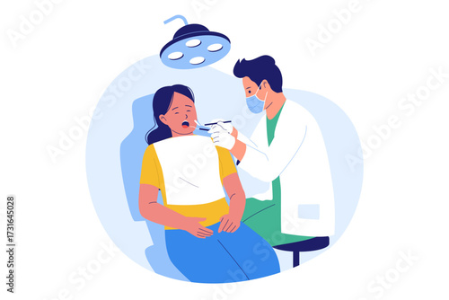 Illustration of Dentist and General Dental Checkup. Doctor Examining a Patient's Mouth in a Dental Clinic