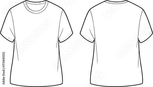 Technical flat sketch of plain short-sleeve t-shirt front and back, round neckline, standard fit, stitch details, apparel design template, garment construction diagram