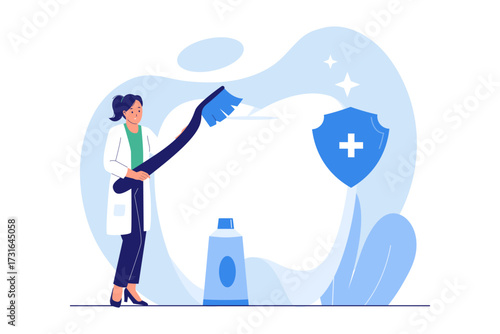 Illustration of Dental Care and Hygiene Prevention. Doctor Promoting Toothbrushing and Oral Health Protection