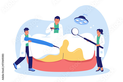 Illustration of Clinical Plaque Removal and Professional Dental Hygiene. Dentists Performing a Deep Cleaning Procedure