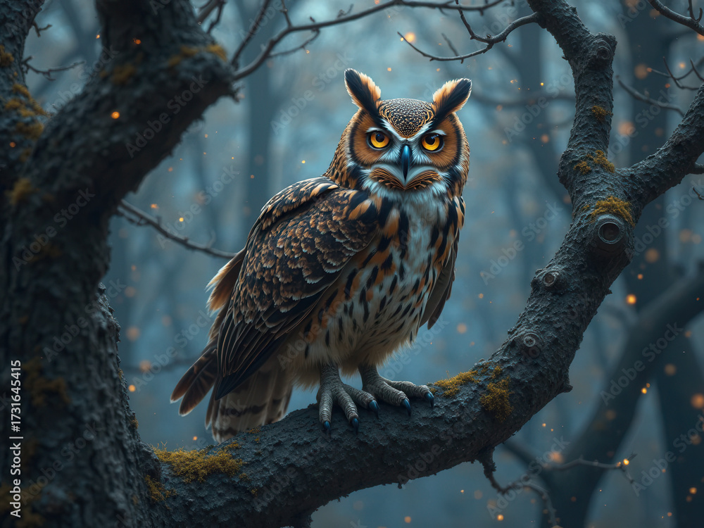 Obraz premium Woodland Owl with Intense Gaze and Sunlight