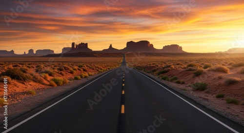 Open road leading towards distant rock formations under a vibrant sunset sky concept of journey