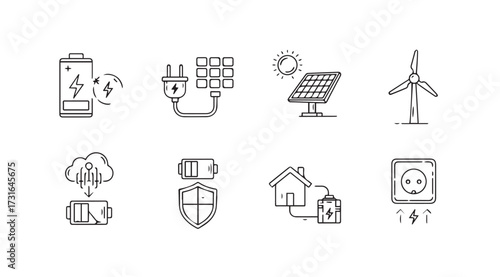 Collection of hand drawn line art icons representing renewable energy and technology silhouette
