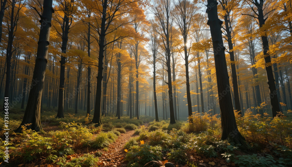 Obraz premium Golden Autumn Forest with Sunlight and Pathway – Peaceful Nature Landscape