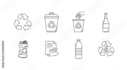 Collection of hand drawn recycling symbols and waste items silhouette