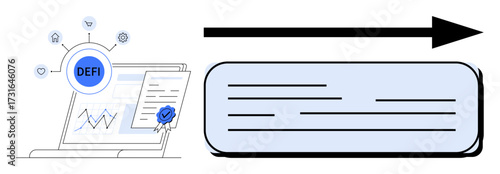 Blockchain document with DeFi badge on laptop, graph visuals, and certified contract linked to data flow. Ideal for blockchain, finance, smart contract, data transfer, innovation, fintech simple