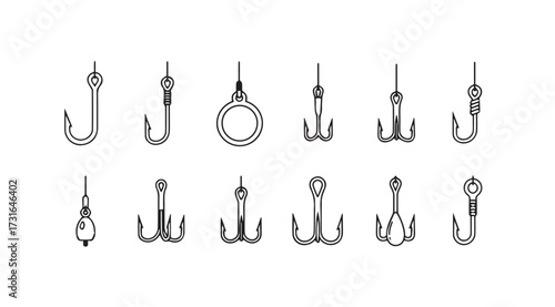 Collection of various fishing hooks in a clean silhouette style