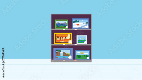 Illustration of a flat cabinet with paintings on the shelves
