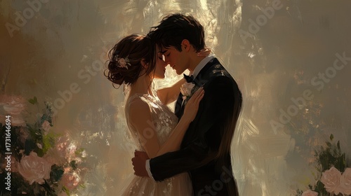 Romantic Embrace of Bride and Groom in Soft Floral Setting