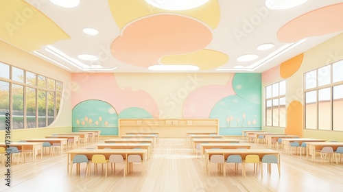 Bright and Colorful Classroom with Wooden Furniture and Cheerful Design